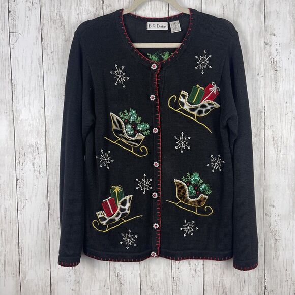 BP Design Ugly Christmas Sweater Cardigan Beaded Sz S Black Sequin Sleds Holiday - Picture 1 of 9